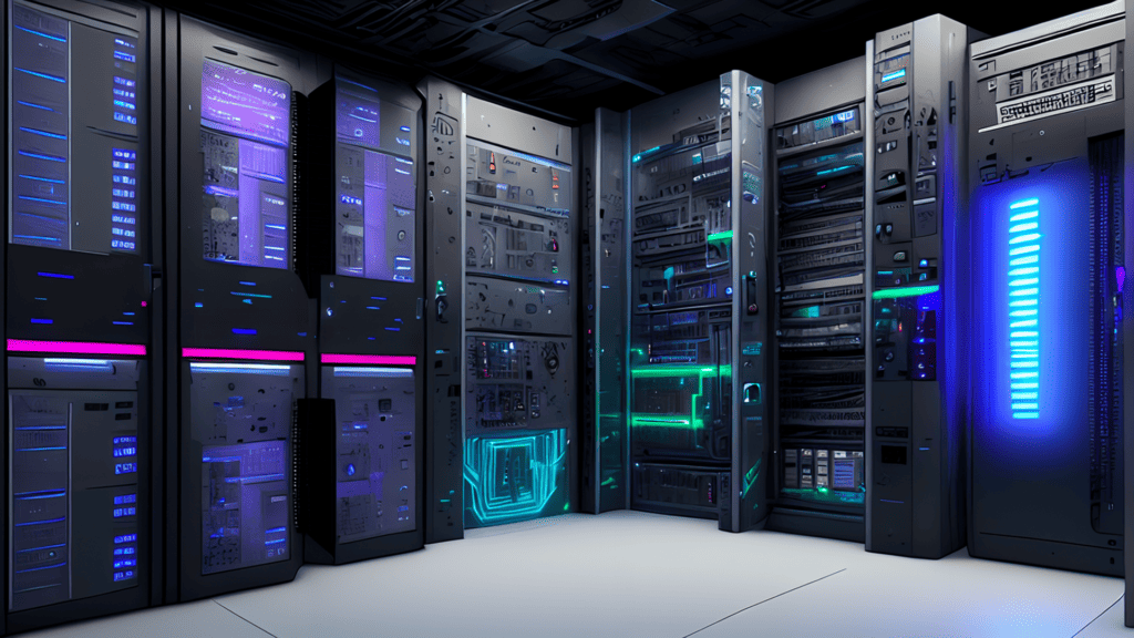 A digital illustration of a cyberpunk server room.