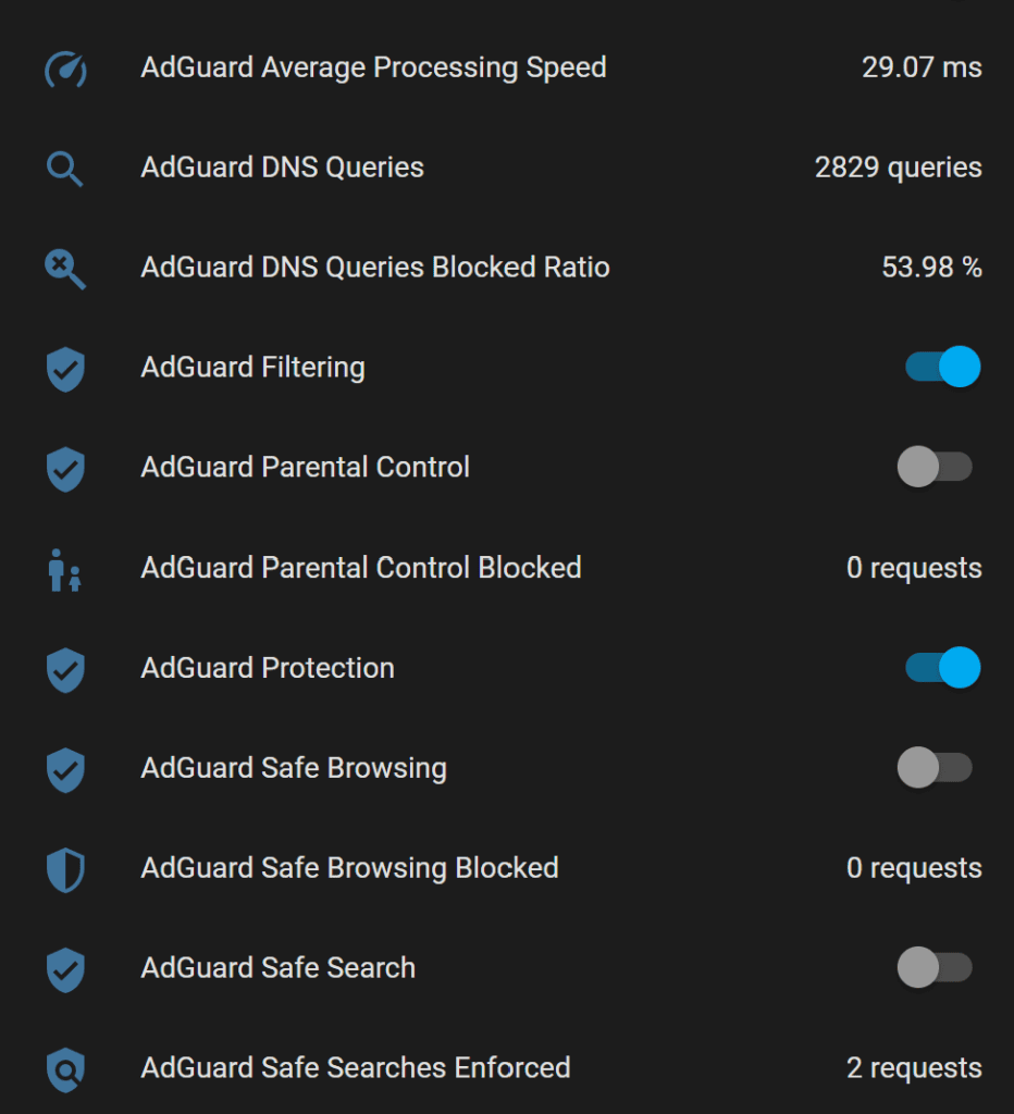 AdGuard Home switches and sensors in Home Assistant