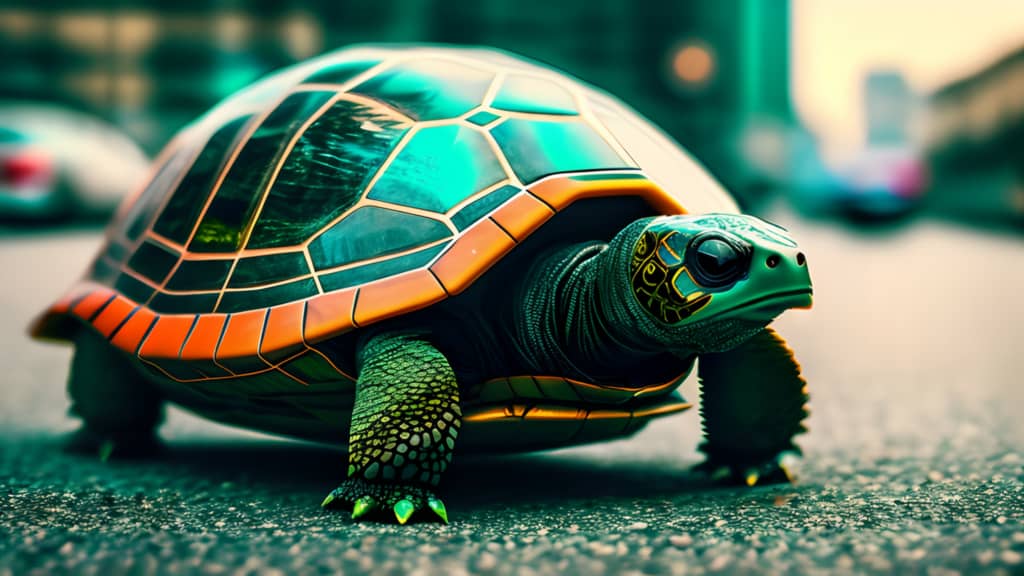 Digital artwork of a turtle with a highly stylized cyberpunk design, positioned on a road. The turtle's shell and skin have vibrant green, orange, and metallic colours with intricate patterns, giving it a mechanical appearance. The turtle's eyes have a reflective quality, and its overall design suggests a blend of organic and robotic elements. The background is softly focused with bokeh lights indicative of a cityscape.