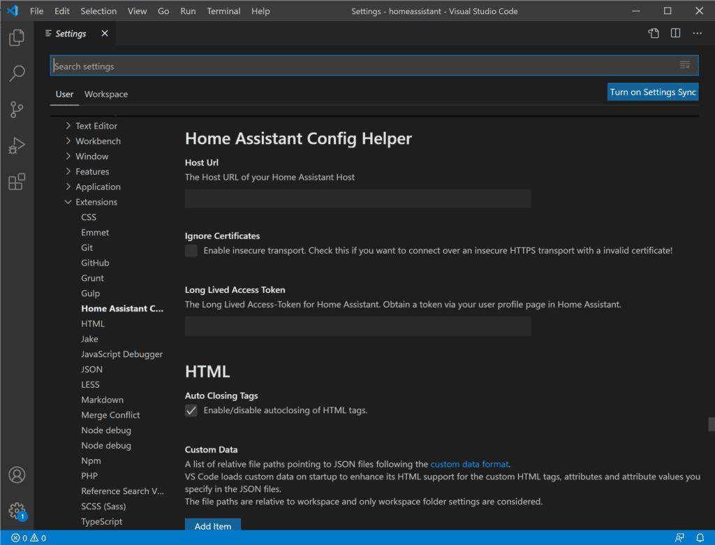 Setting up Home Assistant in the Home Assistant Config Helper settings