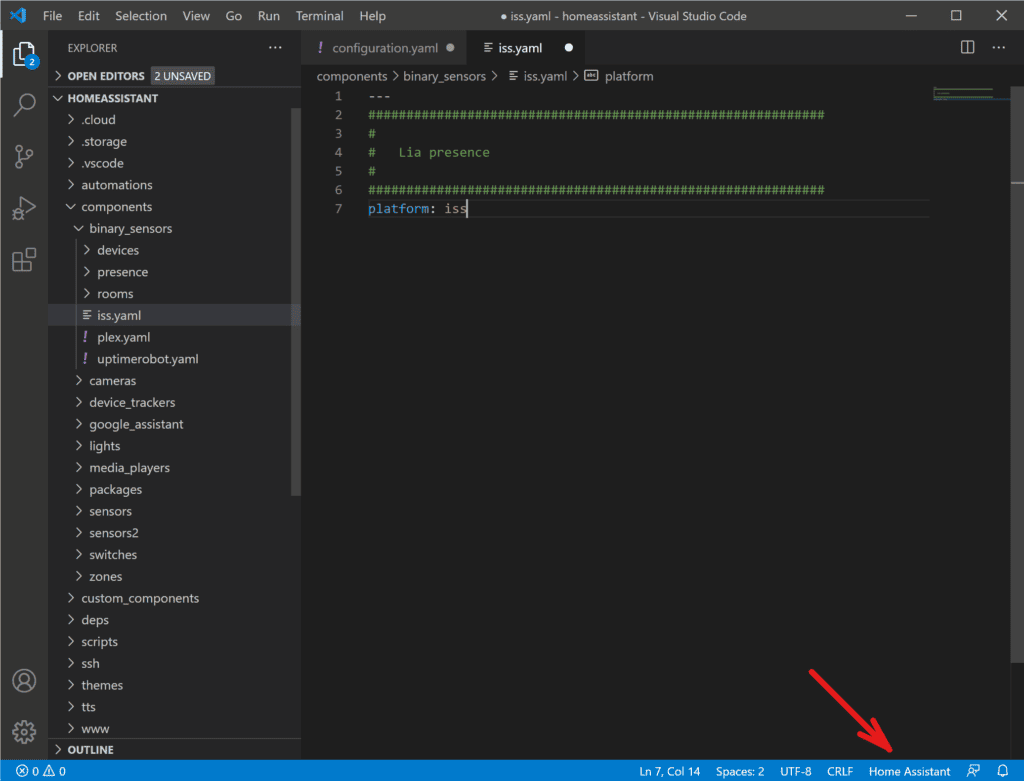 Setting the Visual Studio Code language to Home Assistant