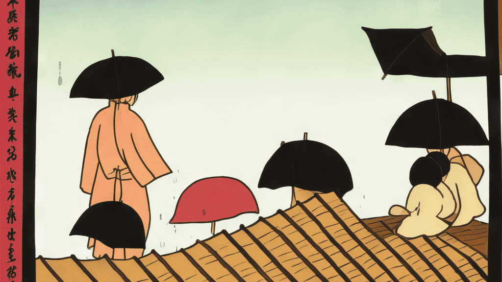 An illustration of people in the rain with umbrellas.