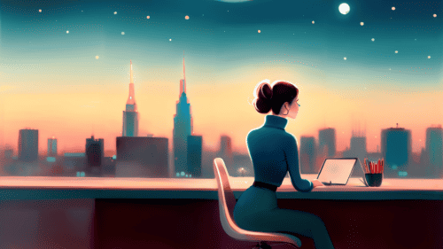 A digital illustration of a woman sitting on a chair at a desk. Behind her is a window through which a city can be seen.