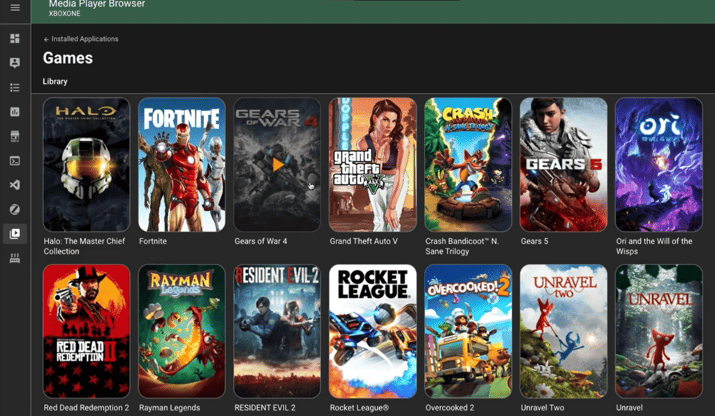 The Home Assistant media browser showing available Xbox games