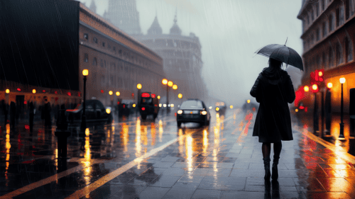 An illustration of a woman standing in the rain with an umbrella.