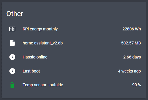 The battery status being displayed in a Home Assistant entities card.