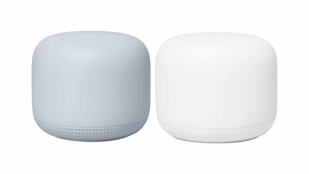 Two Google Nest Wifi nodes, one in grey and one in white.