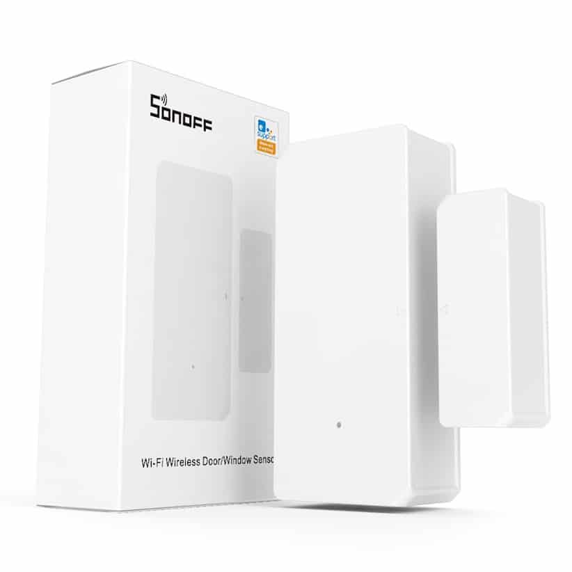The SONOFF DW2-WI-FI Wireless Door Window Sensor and its packaging.