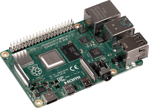 A Raspberry Pi 4 Model B on which the GPIO pins can clearly be seen.