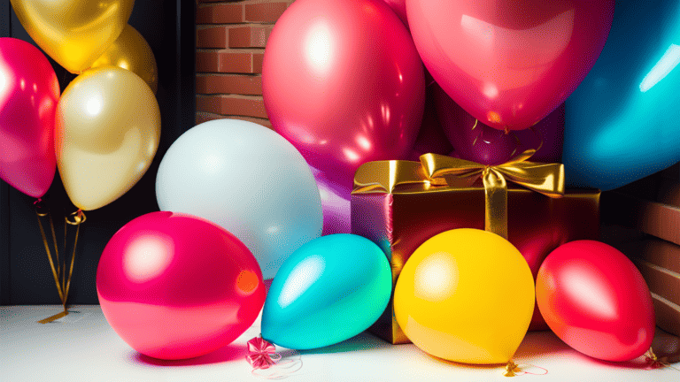 Party balloons and a present wrapped in a gold wrapper.