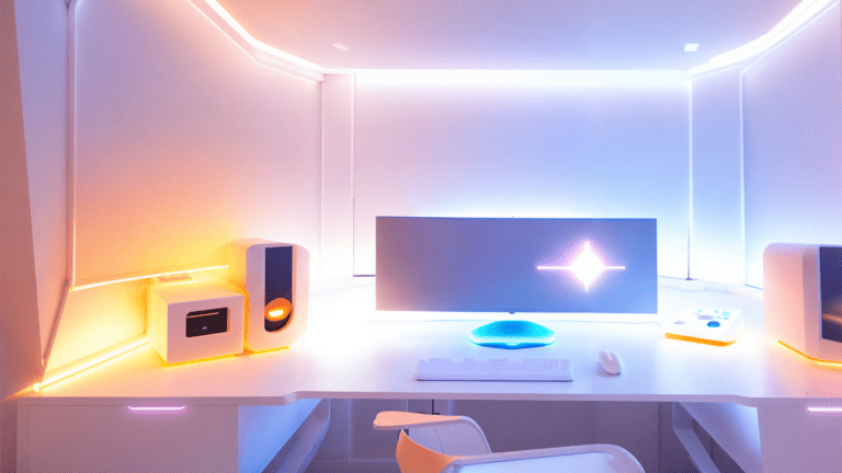 A computer screen surrounded by smart lights from Philips Hue.