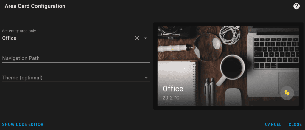 The configuration options for Home Assistant's Area Card.