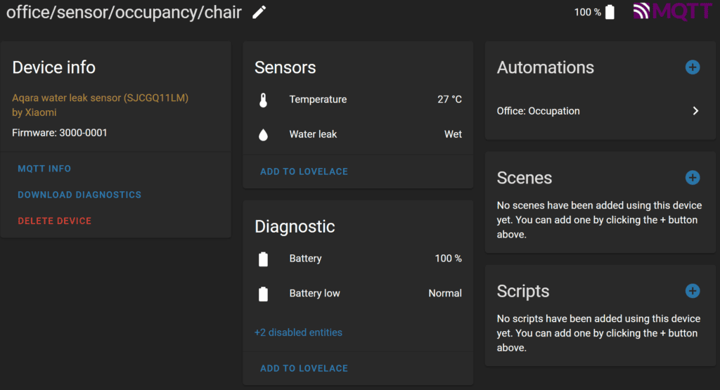 A screenshot of the Home Assistant entity manager showing a water leak sensor that is being used as a chair occupancy sensor before it is customized.