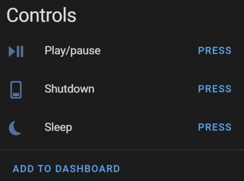 A field titled controls in Home Assistant with buttons allowing to play/pause media, shutdown, and sleep a Windows machine.