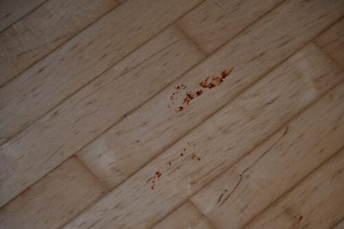 Tomato sauce on a hard wood floor that the Xiaomi Mi Robot Vacuum Mop 1C wasn't able to clean.