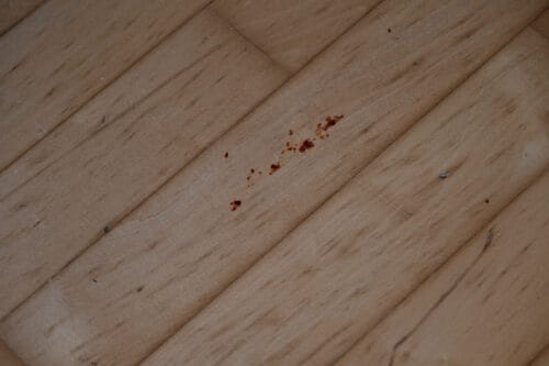 Tomato sauce on a hard wood floor that the Xiaomi Mi Robot Vacuum Mop 1C wasn't able to clean.