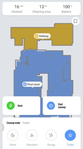 A screenshot of the Xiaomi Home app showing how rooms for vacuum cleaning with the Xiaomi Mi Robot Vacuum Mop 1C can be selected.