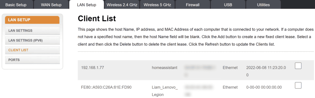 A list of clients being displayed in a router's DHCP server. The entry for homeassistant has been assigned the IP 192.169.1.77.