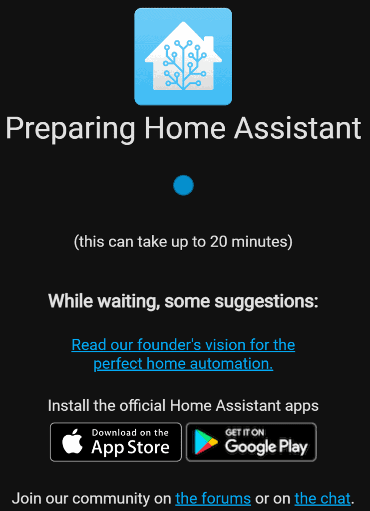 A screenshot of the Home Assistant interface preparing for a first launch.