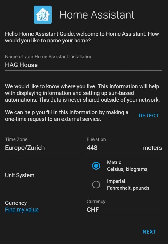 The Home Assistant interface prompting the user to enter a name for the installation, a time zone, elevation, unit system, and currency.