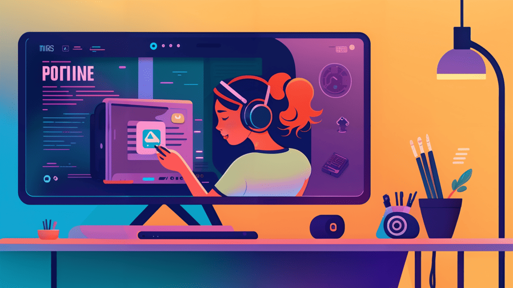 A digital illustration of a woman working on a computer.