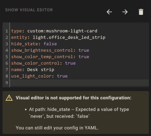 A screenshot showing an error in the configuration of a Mushroom Light Card for the Home Assistant Dashboard.