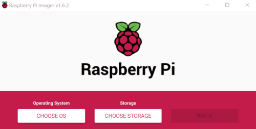 The Raspberry Pi Imager's main interface displaying the options to choose an OS and storage medium
