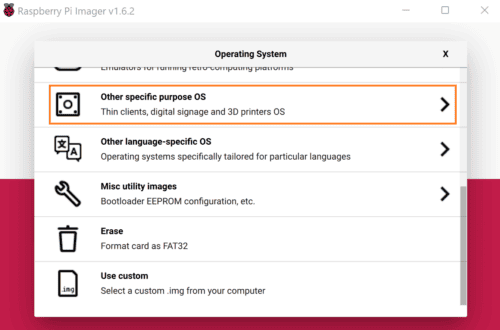 A screenshot showing how an operating system can be chosen in the Raspberry Pi Imager