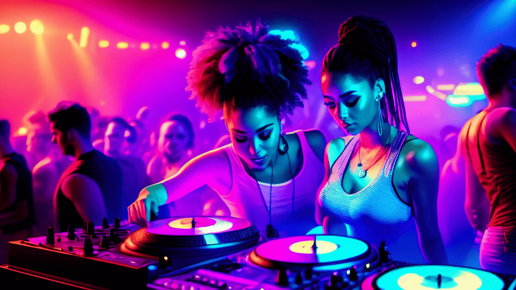 A digital illustration of two women at the turntable playing records.