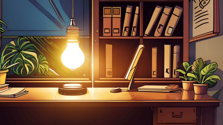 A digital illustration of a light bulb above a desk.