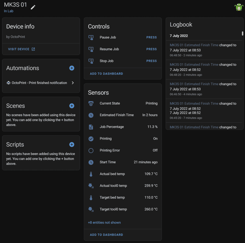 A screenshot of the controls and sensors the native OctoPrint integration with Home Assistant gives you. These include controls to pause, resume, or stop a print. Sensors include the current state, estimated finish time, job percentage, printing, printing error, start time, actual bed temp, actual tool temp, target bed temp, and target tool temp.