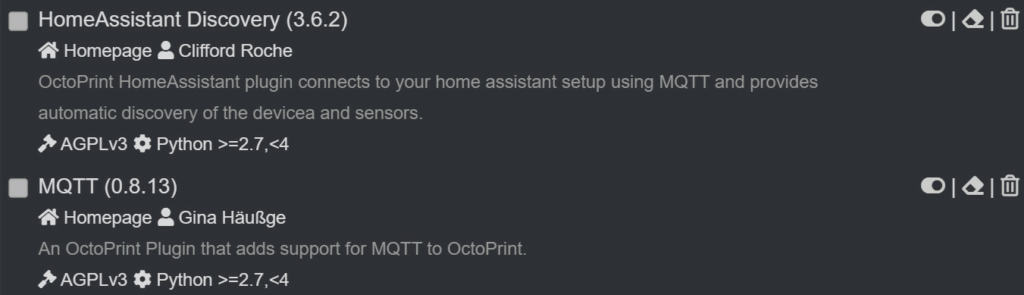 A screenshot of two plugins for OctoPrint: MQTT and Home Assistant Discovery.