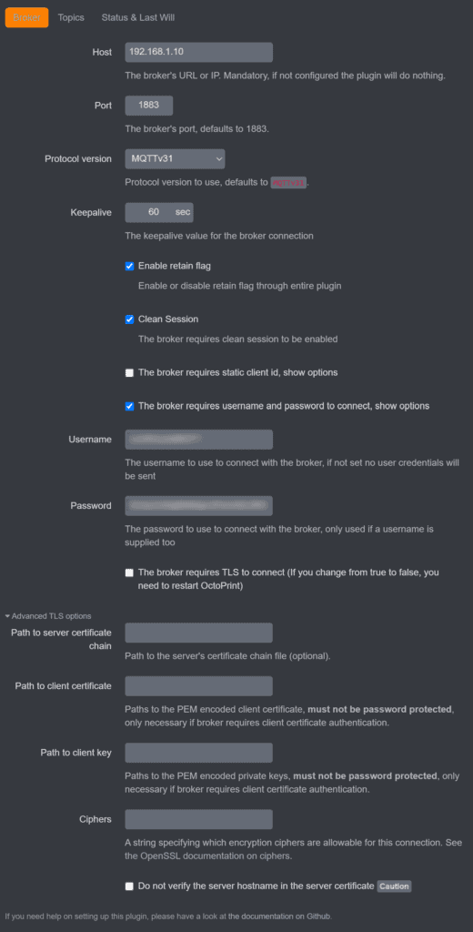 A screenshot of the MQTT plugin's configuration in OctoPrint.