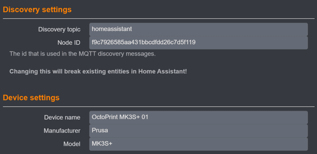 A screenshot of the Home Assistant discovery plugin in OctoPrint. It allows the user to set a device name, manufacturer, and model.