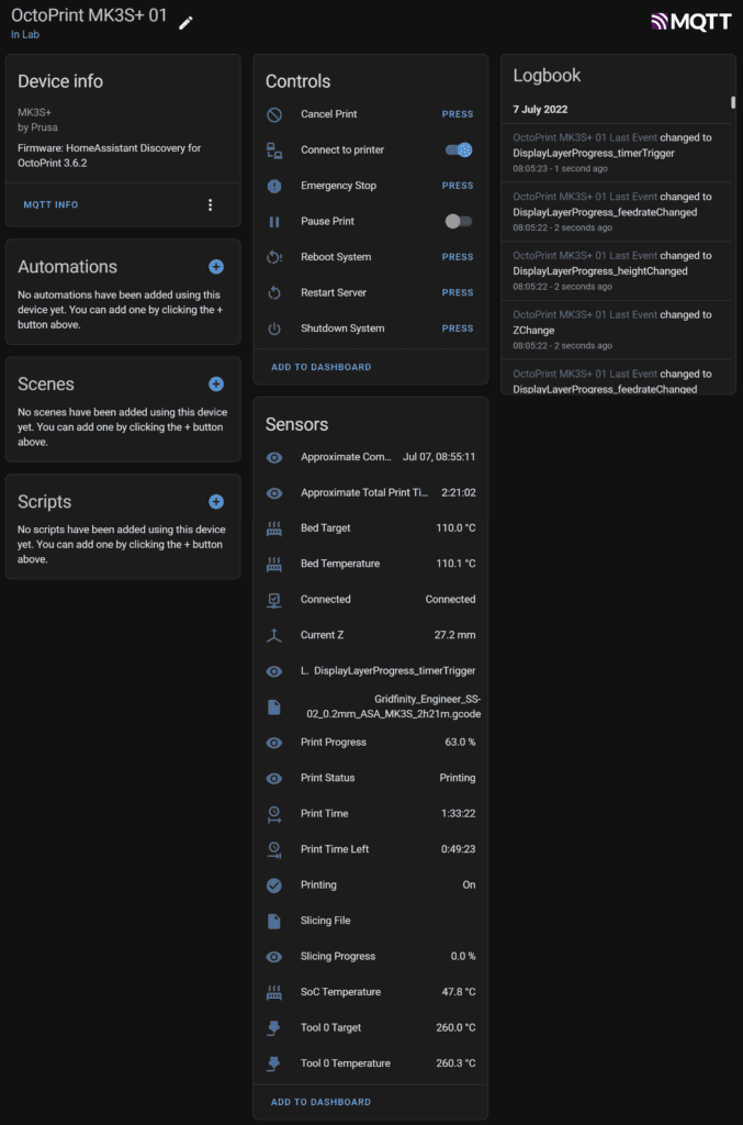 A screenshot of the OctoPrint integratio with Home Assistant when using MQTT. It shows the following controls: Cancel print, connect to printer, emergency stop, pause print, reboot system, restart server, and shutdown system. The sensors shown are: Approximate completion time, approximate total print time, bed target, bed temperature, connected, current z, print progress, print status, print time, print time left, printing, slicing progress, SoC temperature, tool target, and tool temperature.