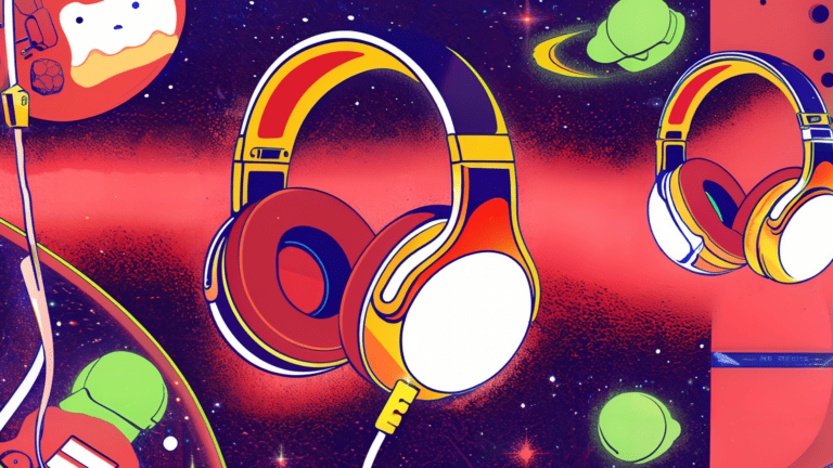 A digital illustration of headphones floating in the universe.