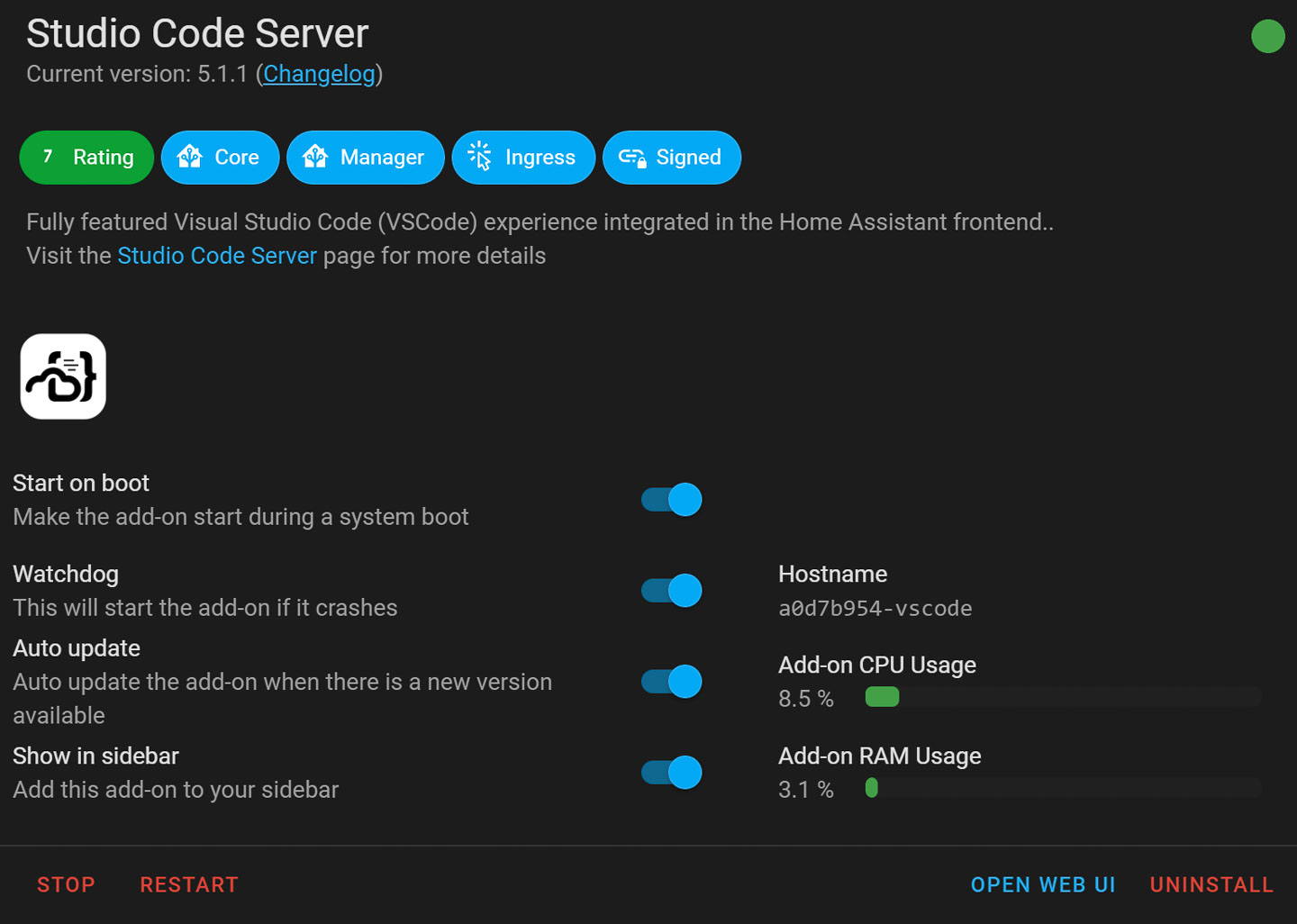 Installing the Studio Code Server add-on for Home Assistant