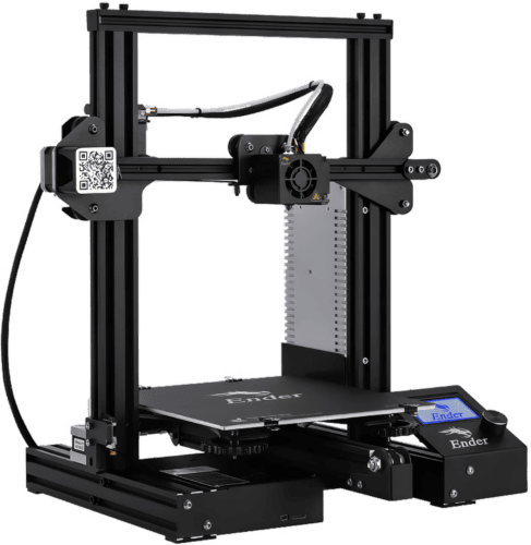 A Creality Ender 3 3D printer showing its compact design, innovative V-profile and pulley system, and the MK8 extrusion mechanism, providing an efficient and accessible printing experience.