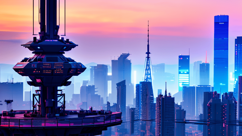 A large antenna in a cyberpunk city.