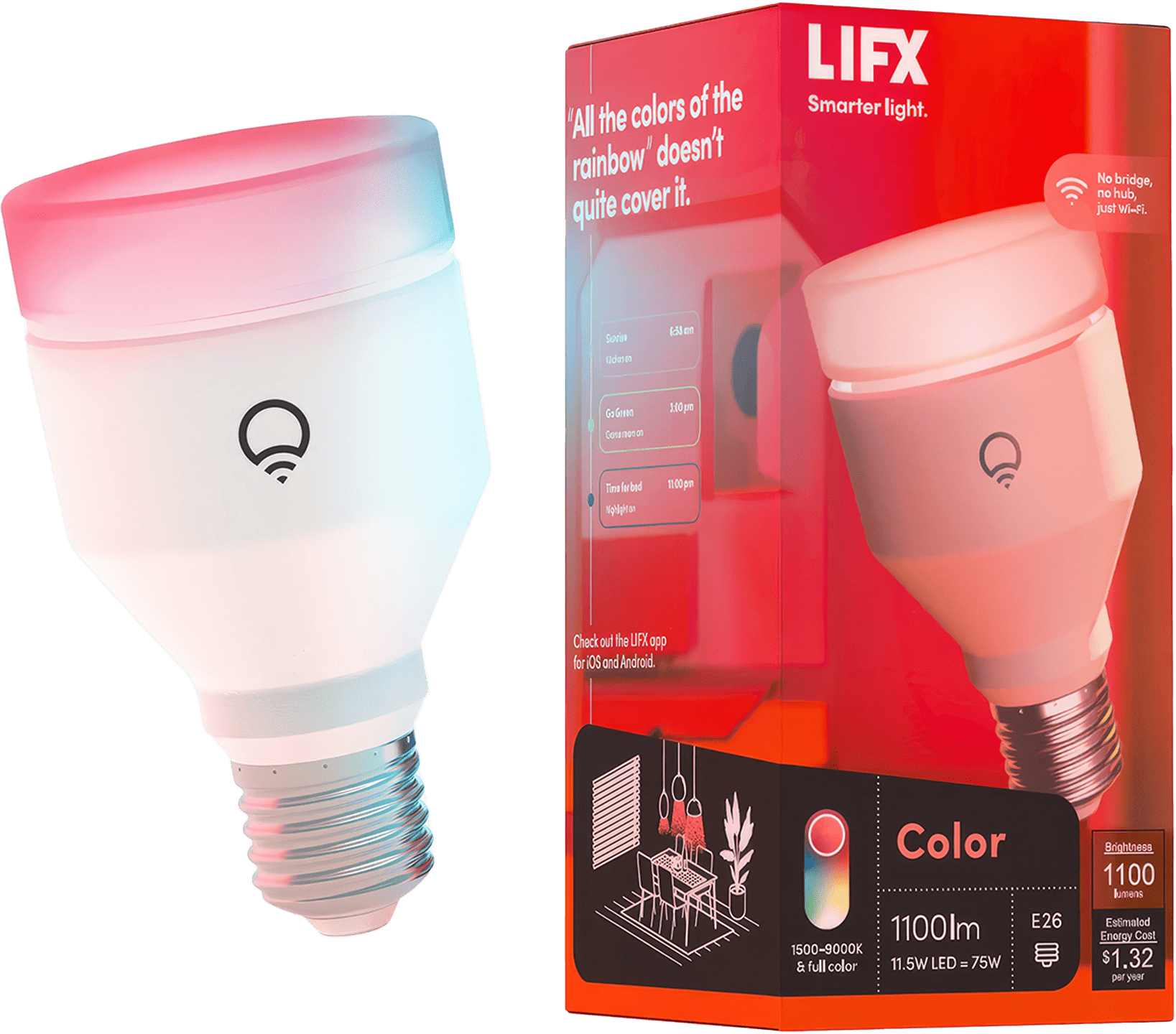 A brightly lit LIFX Color (A19, 1100 lumens) light bulb, showcasing its unique industrial design and the vibrant array of colours it can produce.