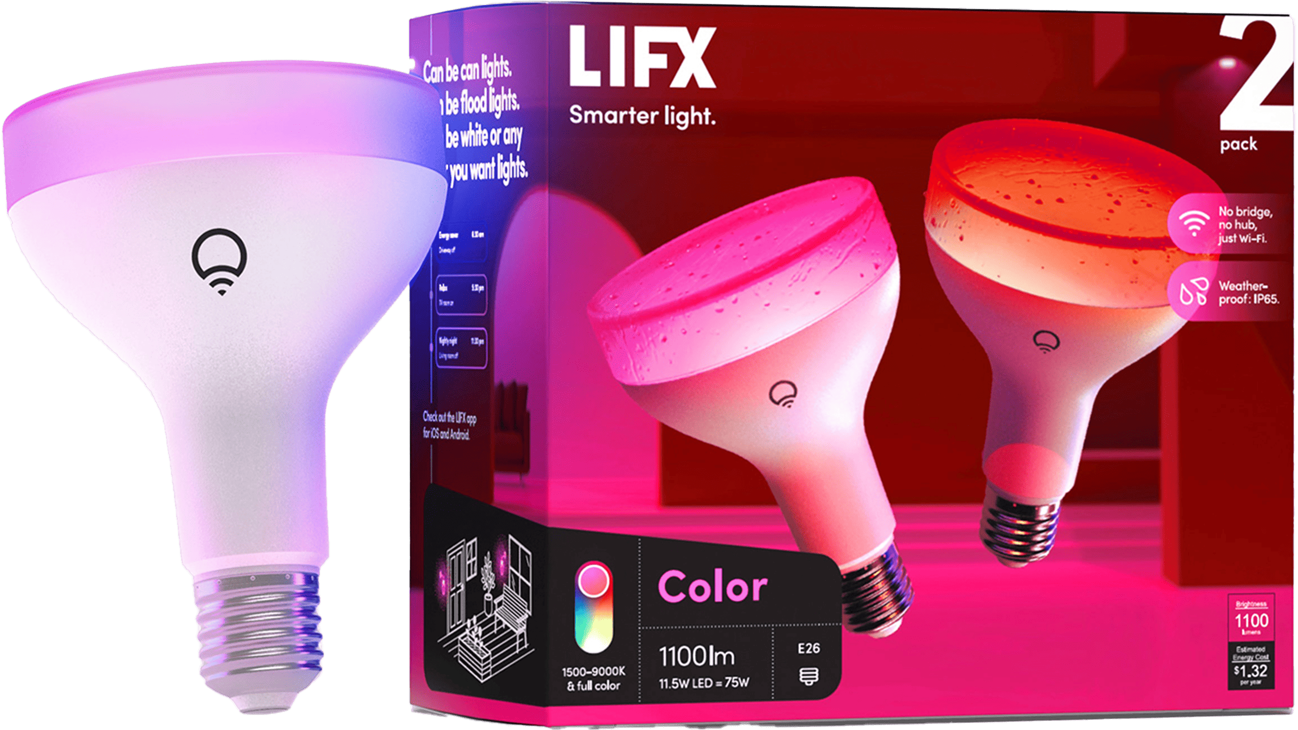 A detailed image of the LIFX Color BR30 (E26, 1100 lumens), showcasing its sleek design and vivid colour display.