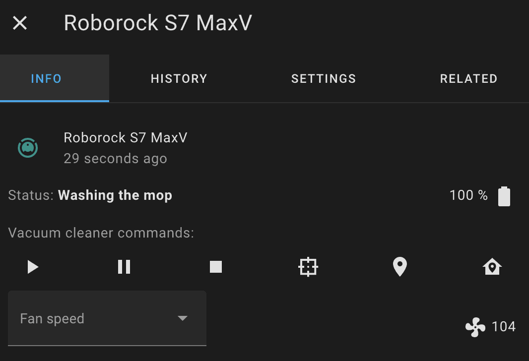 A screenshot of a Roborock S7 MaxV integrated with Home Assistant while using the Roborock app.