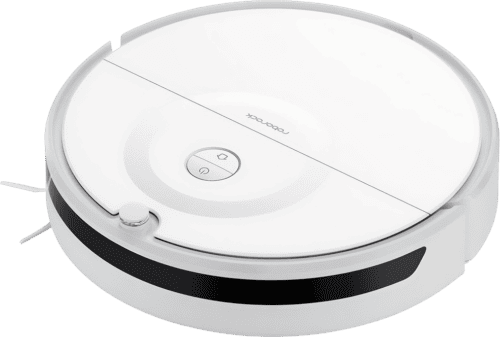 Image of a Roborock E5 robot vacuum cleaner isolated on a background. The vacuum is circular with a sleek white design featuring a central button panel with a power and home icon, and a 'roborock' logo on the top. It has a black bumper around the edge and a side brush visible on the left, indicating its cleaning functionality.