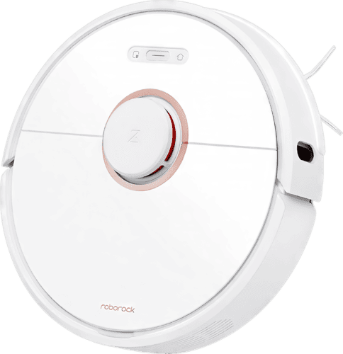 Image of a Roborock E5 robot vacuum cleaner isolated on a background. The vacuum is circular with a sleek white design featuring a central button panel with a power and home icon, and a 'roborock' logo on the top. It has a black bumper around the edge and a side brush visible on the left, indicating its cleaning functionality.