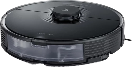 The Roborock S7 robot vacuum cleaner in black.