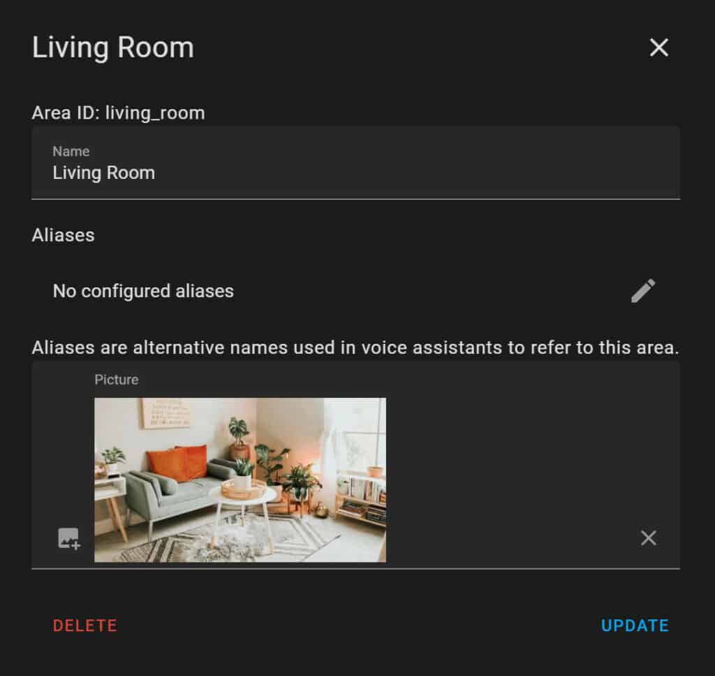 A screenshot of the Home Assistant Dashboard showing how aliases for entities can be set up.