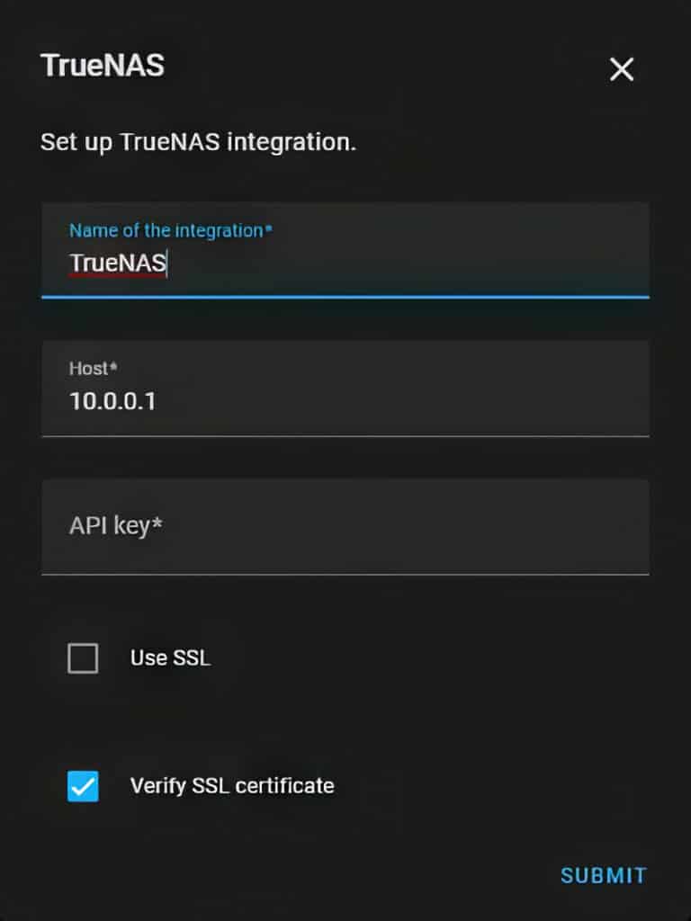 A screenshot of the Home Assistant Dashboard, showing the setup of the TrueNAS CORE/SCALE integration.