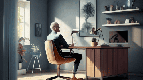 An illustration of a person sitting at a desk.