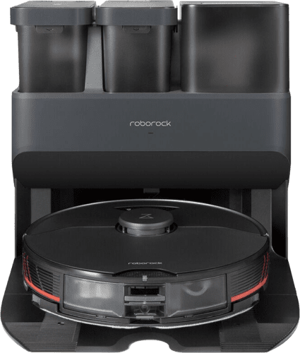 The Roborock S7 MaxV Ultra parked in the auto-emptying and cleaning dock.