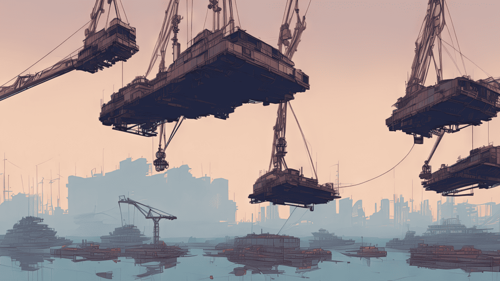 An illustration of a dock with ships. Cranes are removing containers from the ships.